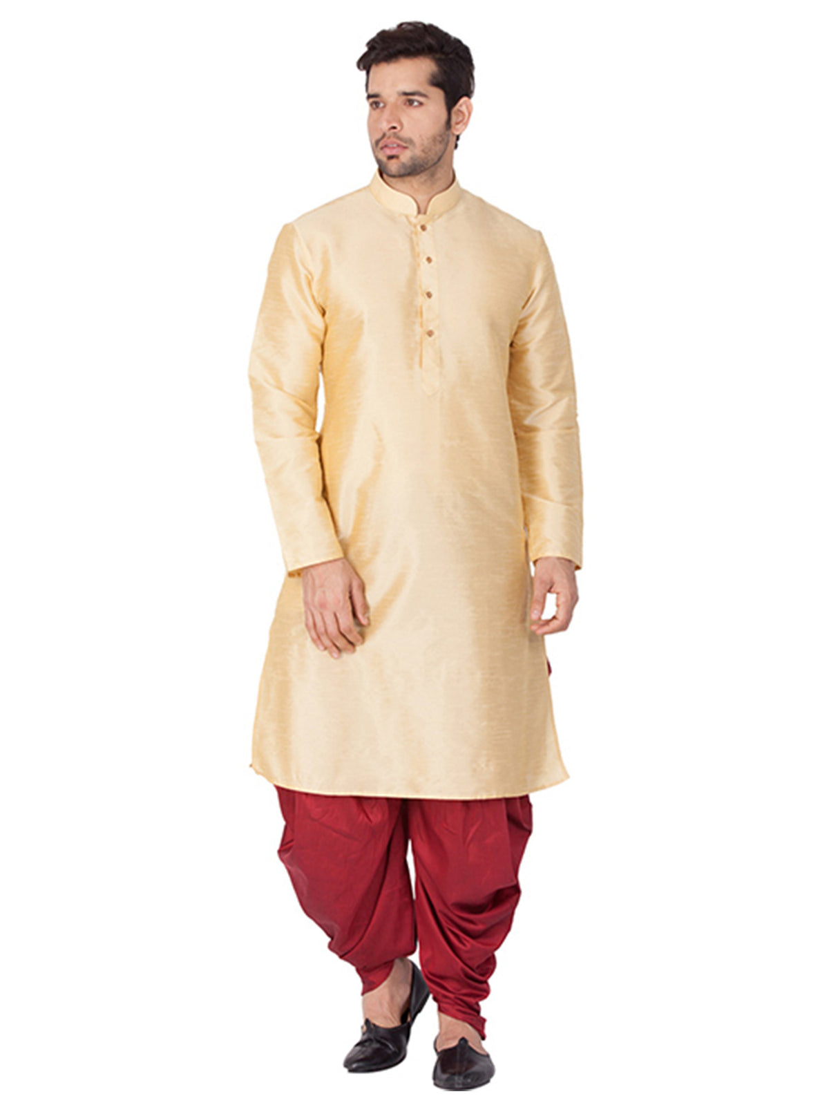 Ensemble pyjama Kurta en soie de Bangalori unie beige pour homme