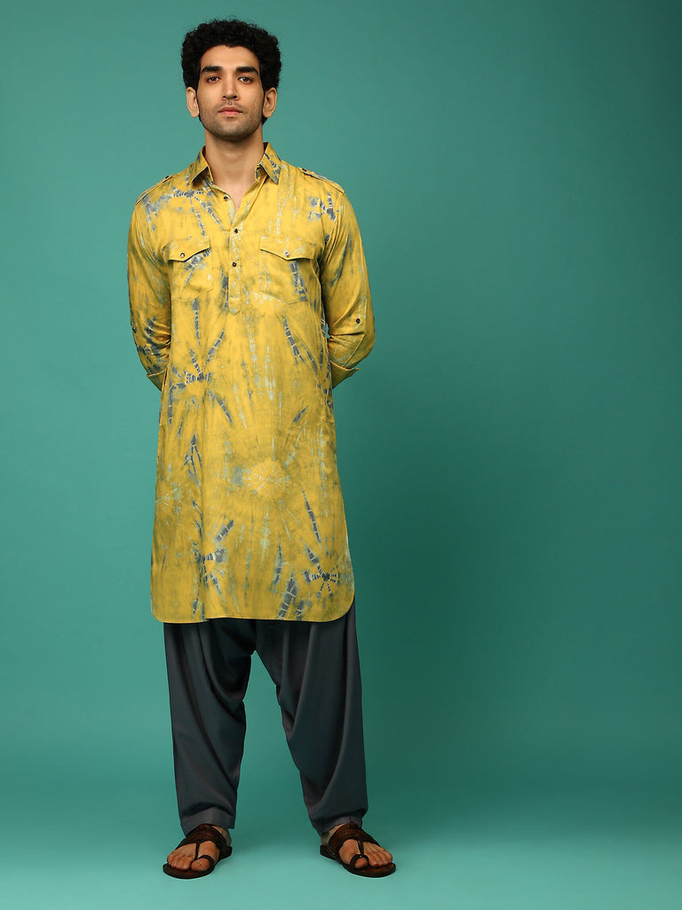 Men's Yellow Color Indian Traditional Wear Tunic Cotton Kurta Pajama Set