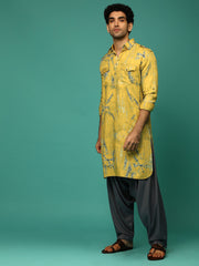 Men's Yellow Printed Rayon Kurta Pajama Set