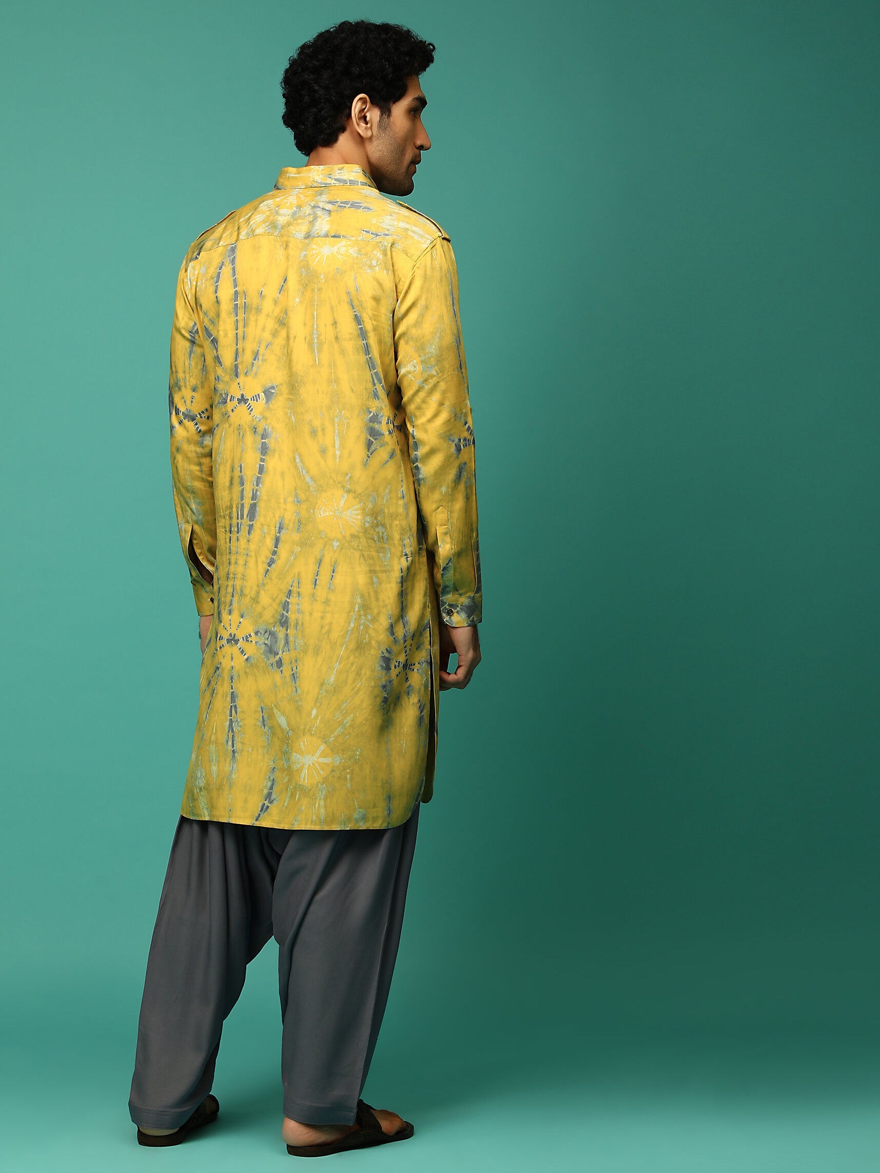 Men's Yellow Printed Rayon Kurta Pajama Set