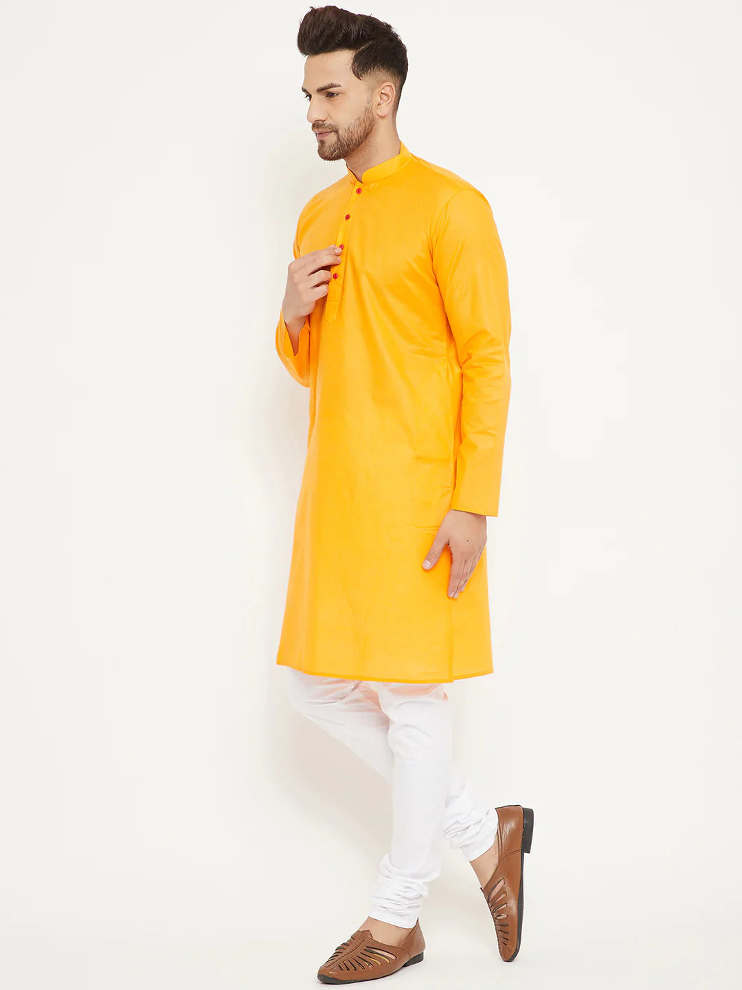 Men's Yellow Solid Tunic Cotton Kurta Pajama Set