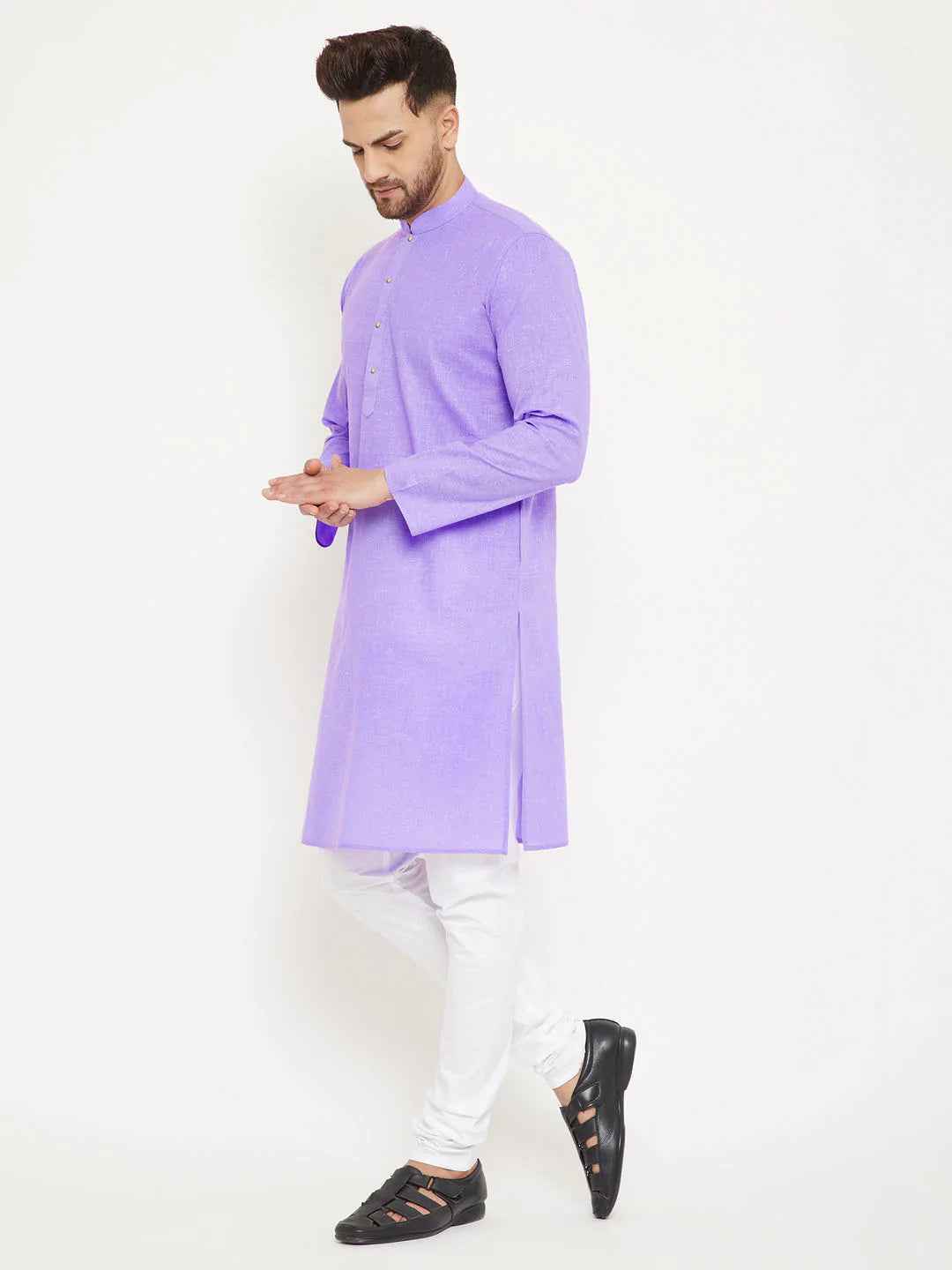 Men's Purple Solid Tunic Cotton Kurta Pajama Set