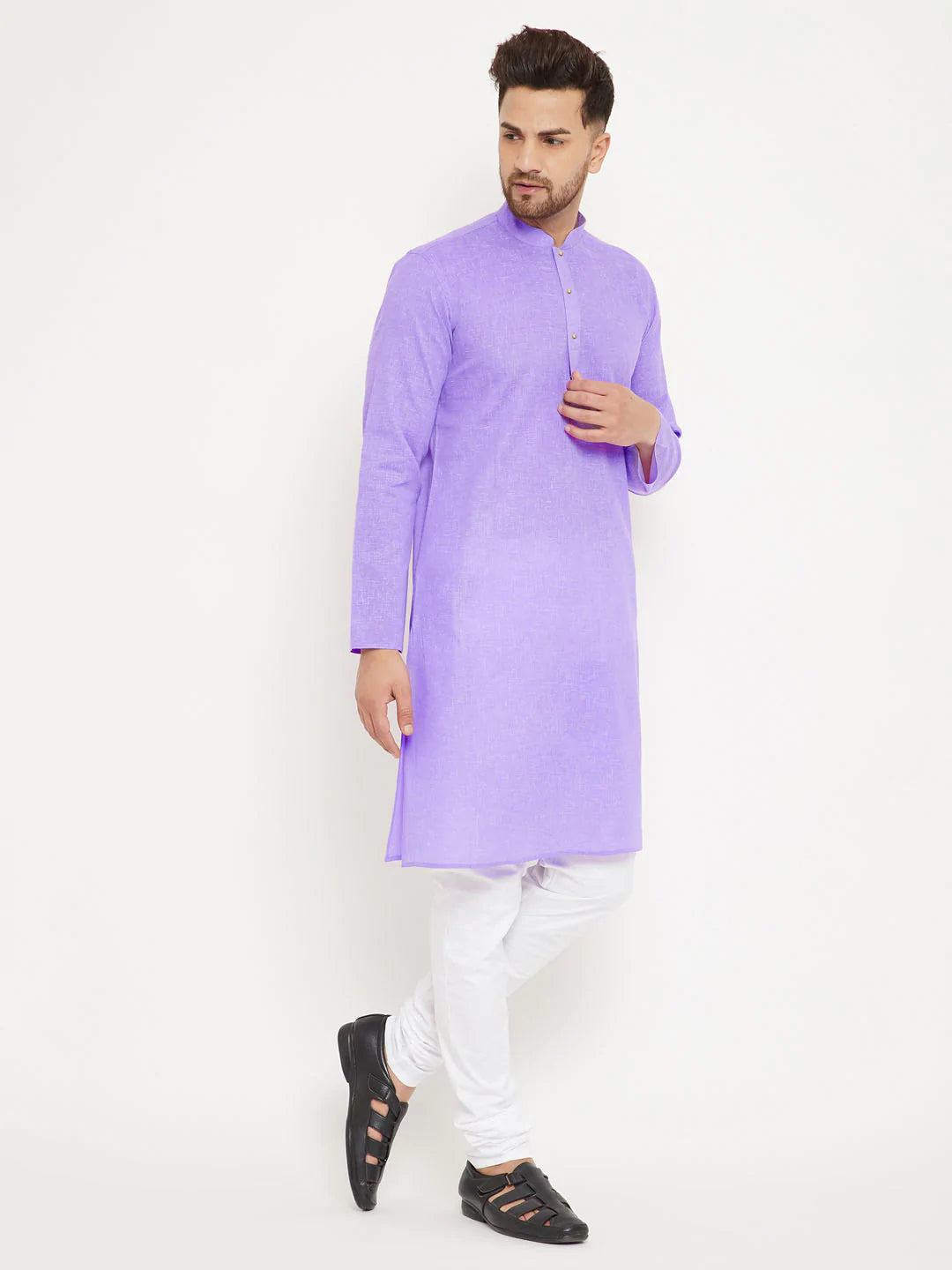 Men's Purple Solid Tunic Cotton Kurta Pajama Set