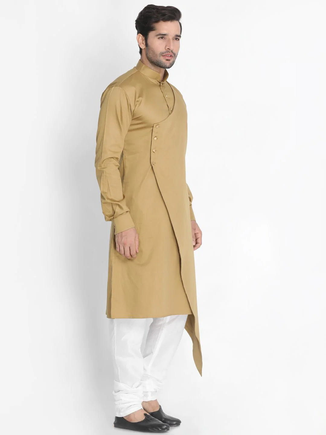 Men's Gold Solid Tunic Cotton Kurta Pajama Set