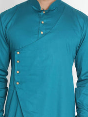 Men's Teal Solid Tunic Cotton Kurta Pajama Set