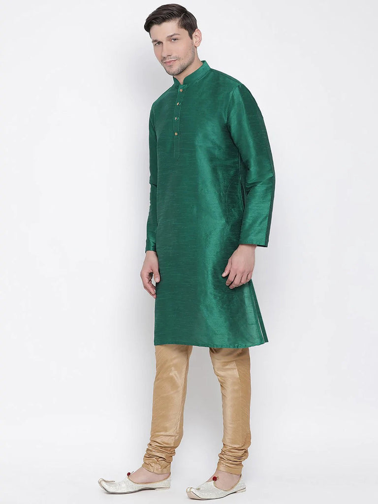 Men's Green Color Indian Traditional Wear Tunic Cotton Kurta Pajama Set