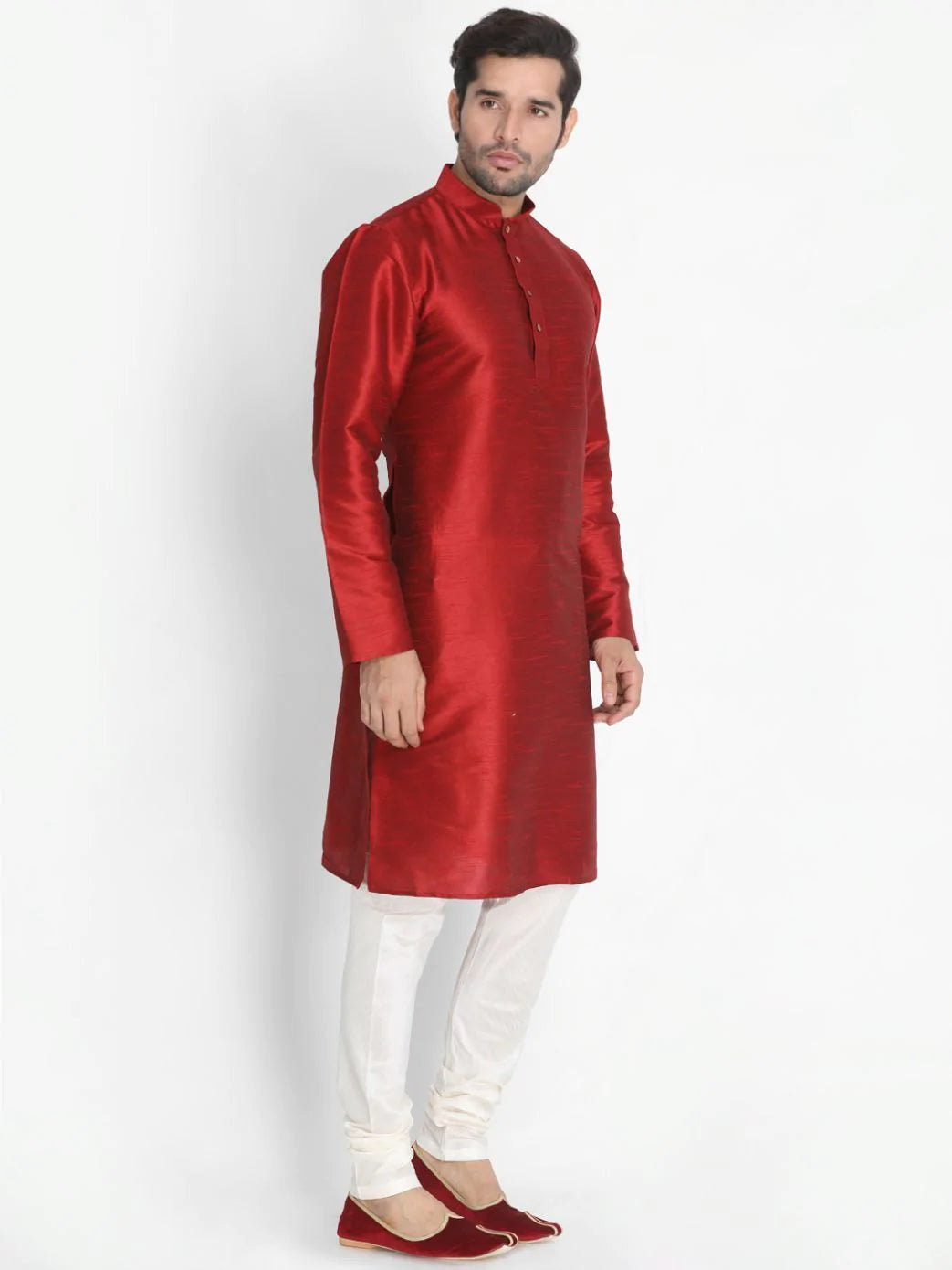 Men's Red Solid Tunic Cotton Kurta Pajama Set