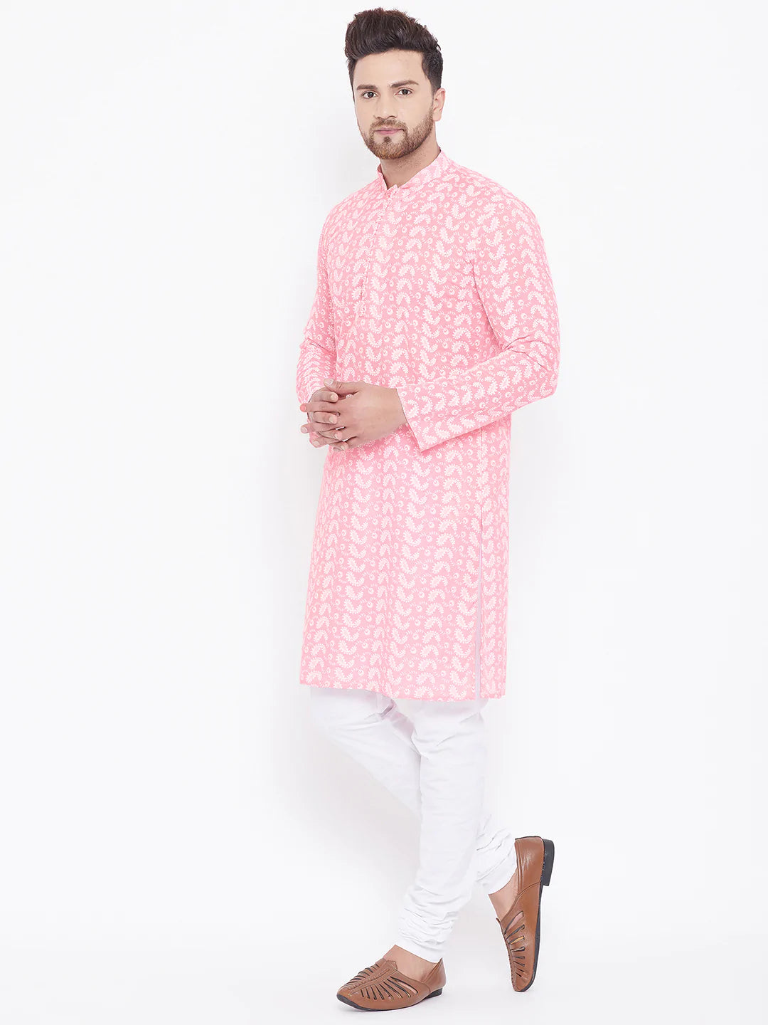 Men's Pink Embroidered Tunic Cotton Kurta Pajama Set