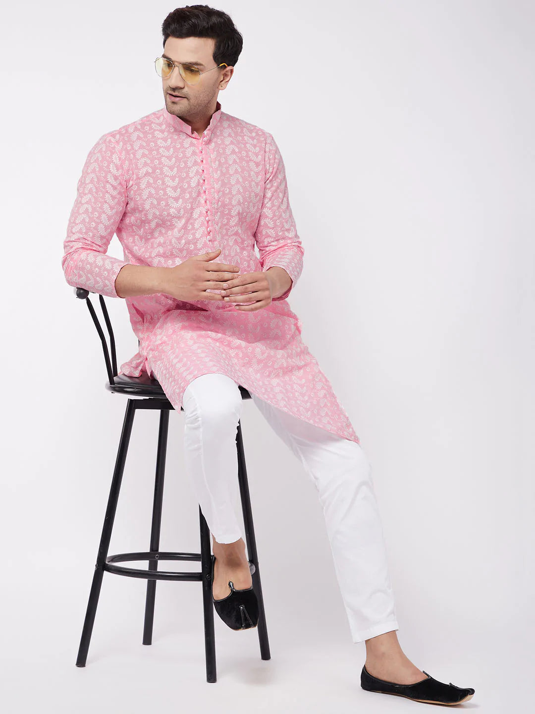 Men's Pink Embroidered Tunic Cotton Kurta Pajama Set