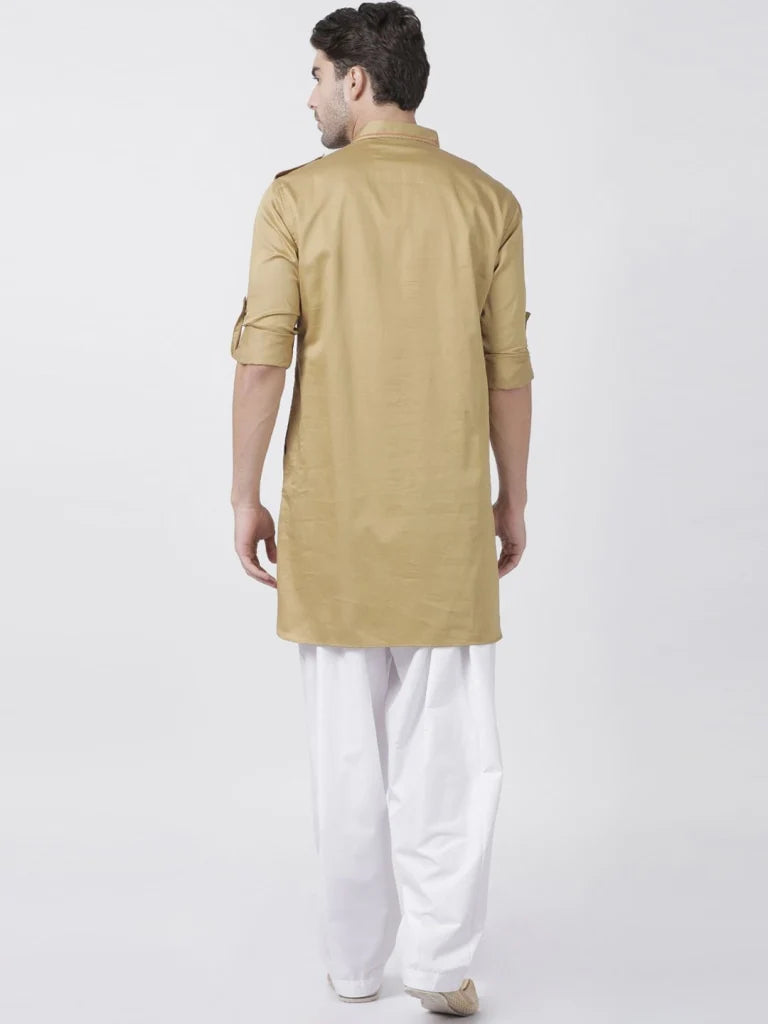 Men's Beige Solid Tunic Cotton Kurta Pajama Set