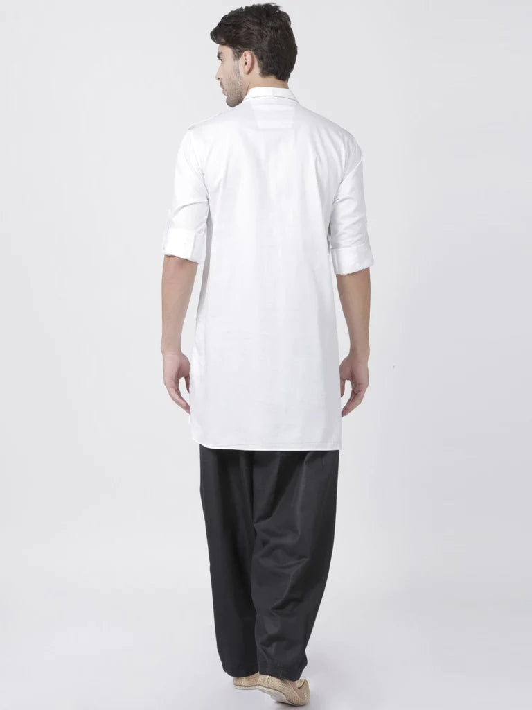 Men's White Solid Tunic Cotton Kurta Pajama Set