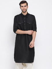 Men's Black Solid Tunic Cotton Kurta Pajama Set