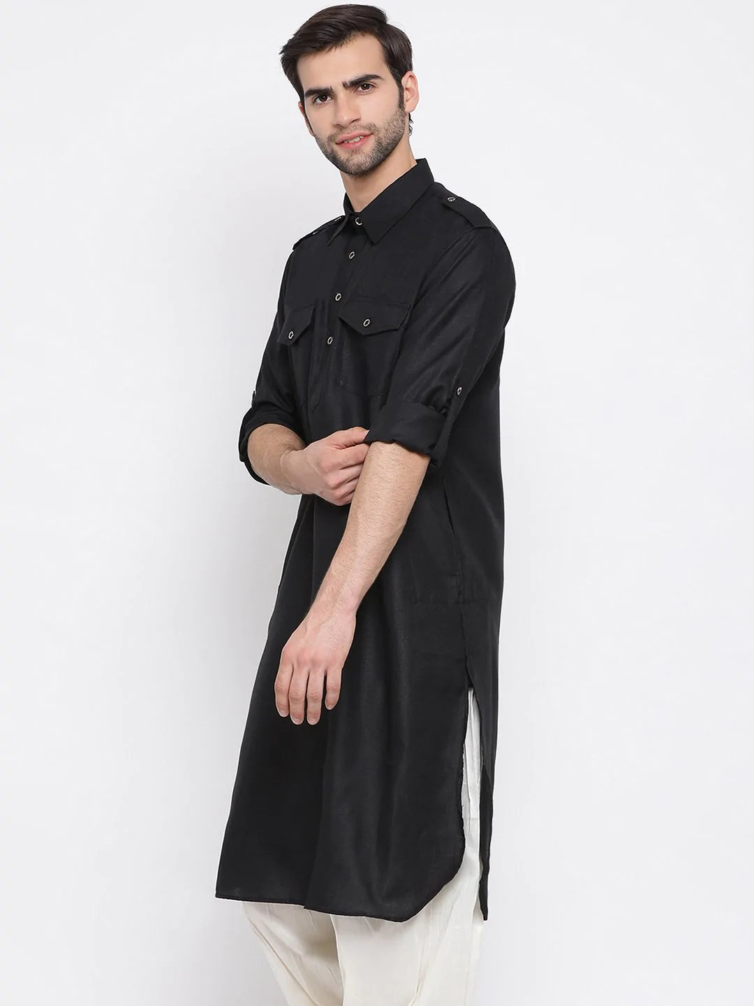 Men's Black Solid Tunic Cotton Kurta Pajama Set