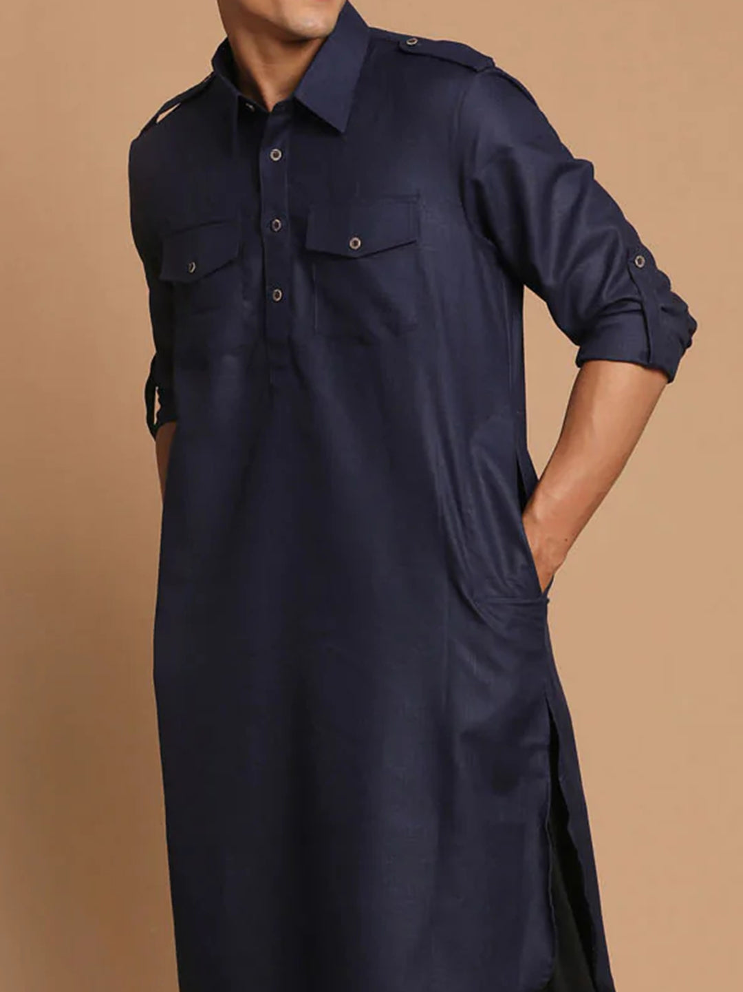 Men's Navy Blue Solid Tunic Cotton Kurta Pajama Set