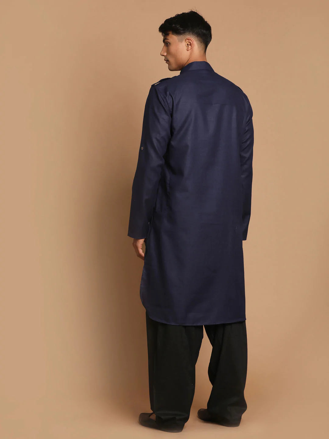 Men's Navy Blue Solid Tunic Cotton Kurta Pajama Set