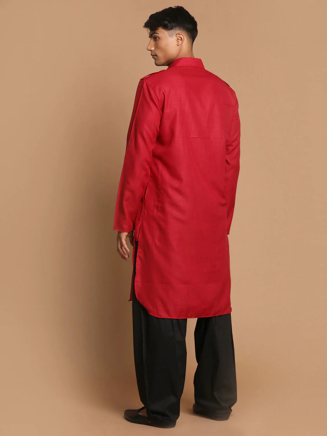 Men's Red Solid Tunic Cotton Kurta Pajama Set