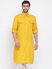 Men's Yellow Solid Tunic Cotton Kurta Pajama Set