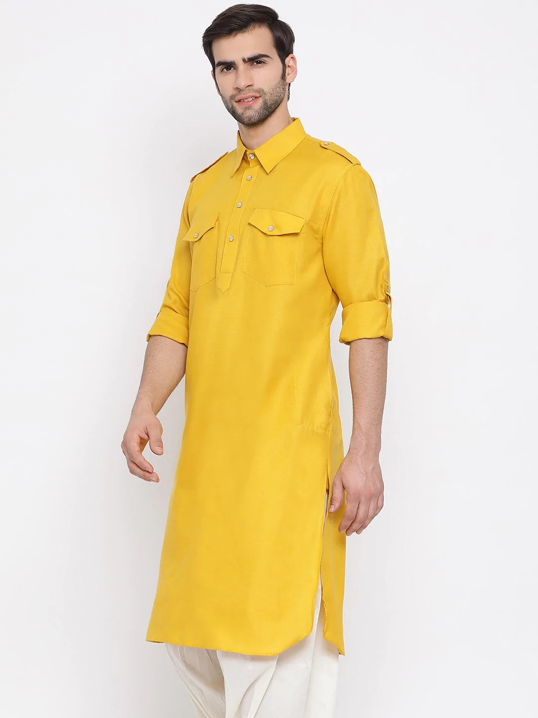 Men's Yellow Solid Tunic Cotton Kurta Pajama Set