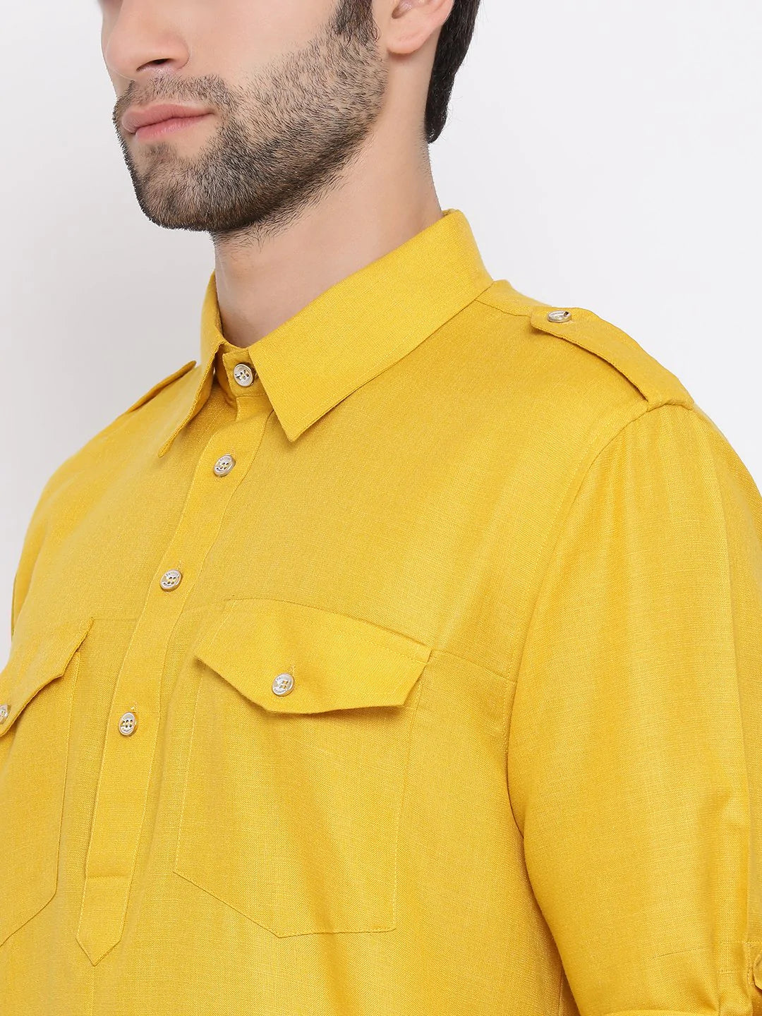 Men's Yellow Solid Tunic Cotton Kurta Pajama Set