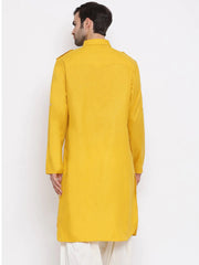 Men's Yellow Solid Tunic Cotton Kurta Pajama Set