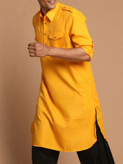 Men's Yellow Solid Cotton Kurta Pajama Set