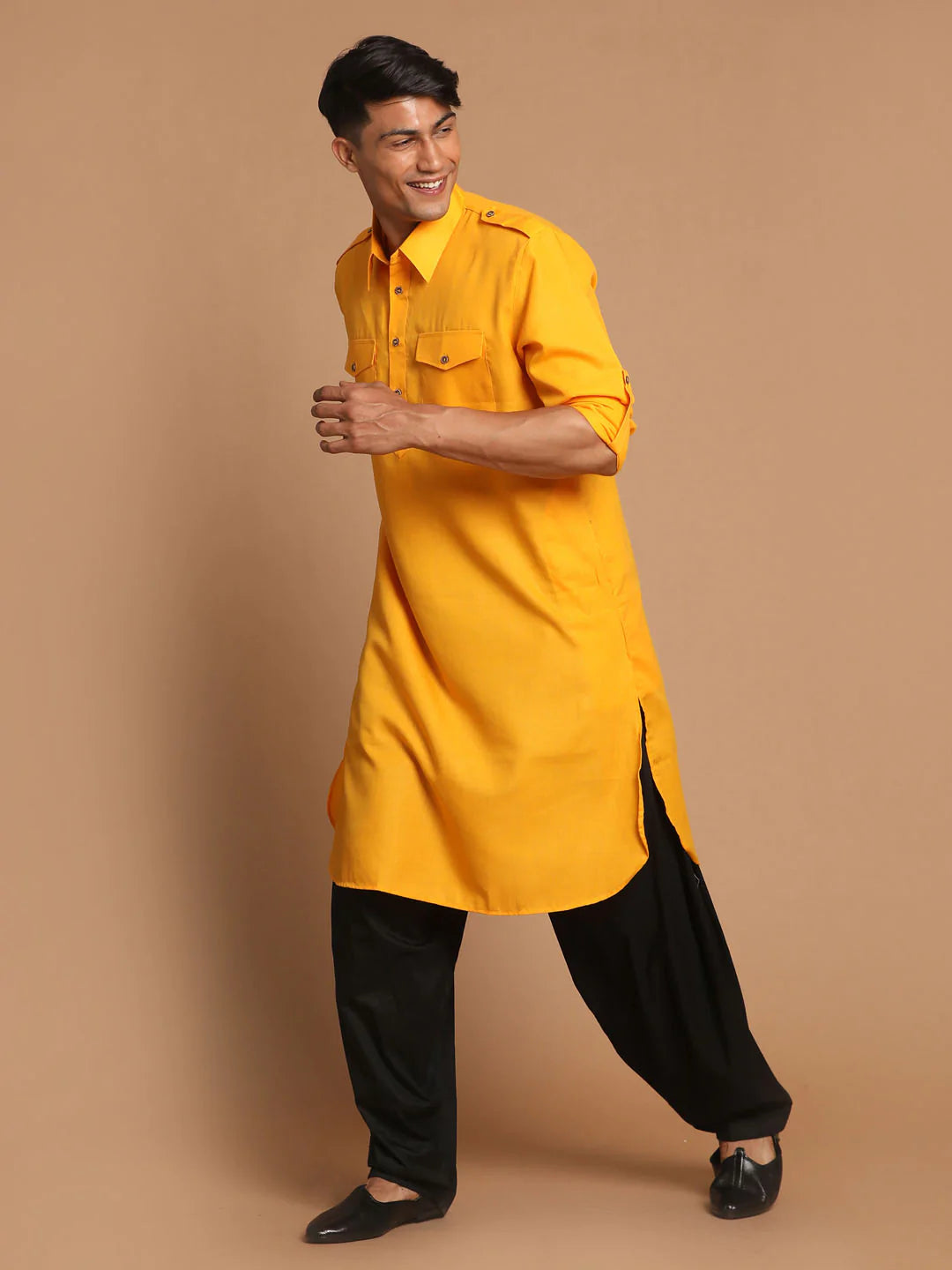 Ensemble pyjama Kurta en coton uni jaune pour homme