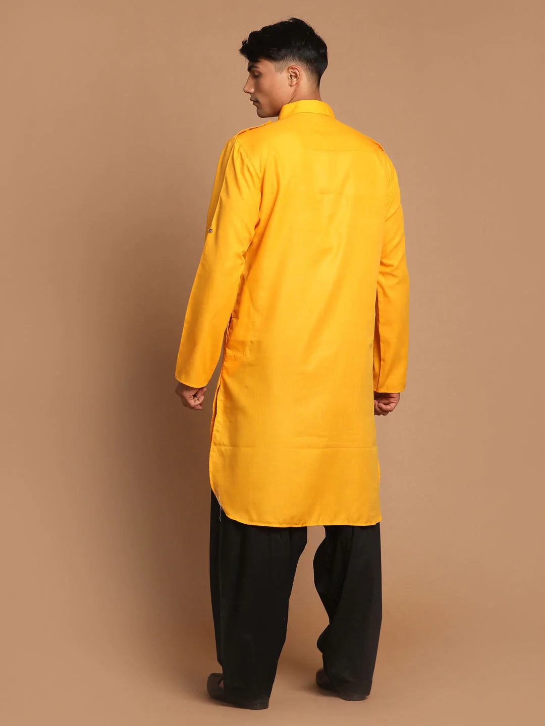 Ensemble pyjama Kurta en coton uni jaune pour homme