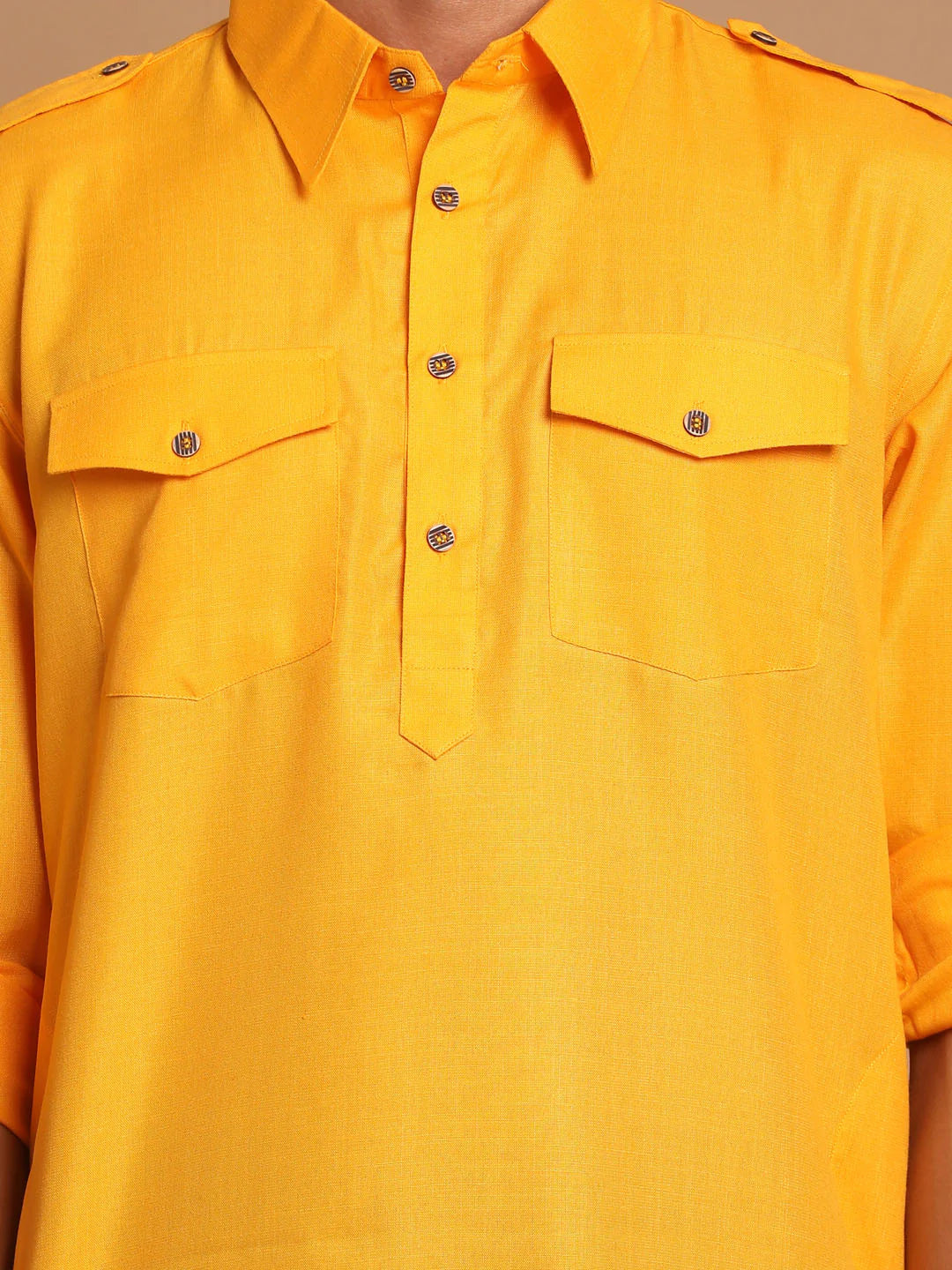 Ensemble pyjama Kurta en coton uni jaune pour homme