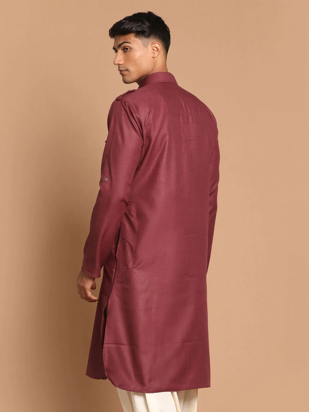 Men's Wine Solid Tunic Cotton Kurta Pajama Set