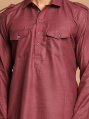 Men's Wine Solid Tunic Cotton Kurta Pajama Set