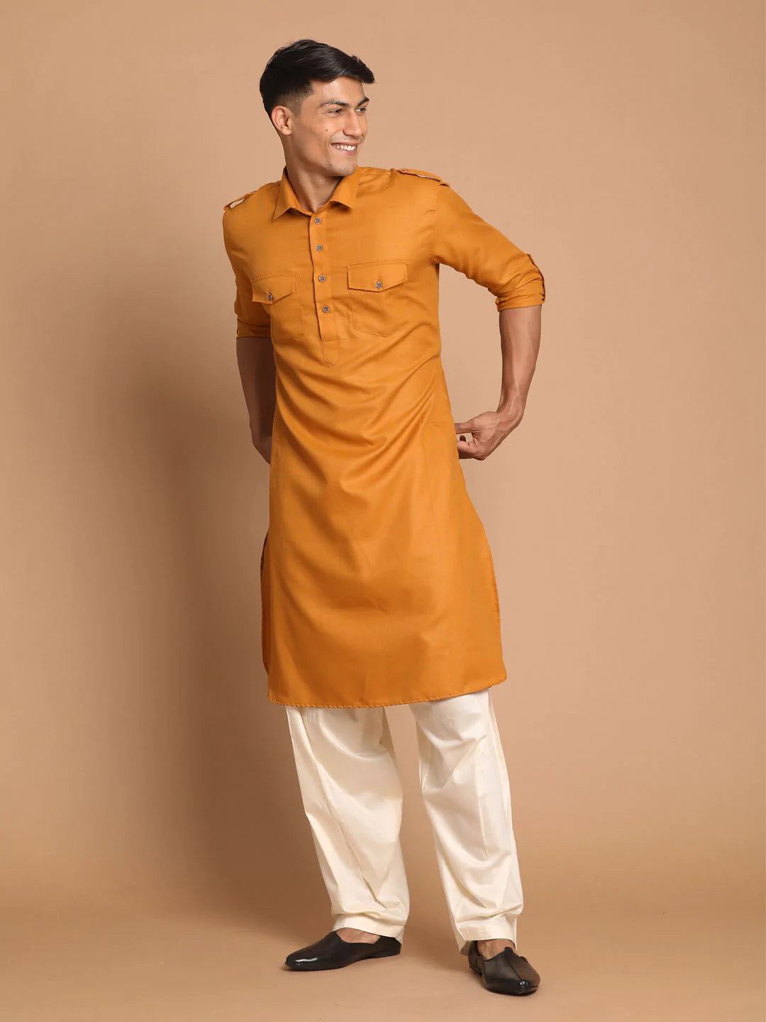 Men's Mustard Solid Cotton Kurta Pajama Set