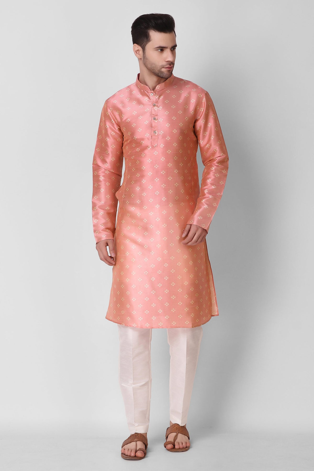 Men's Peach Printed Silk Kurta Pajama Set