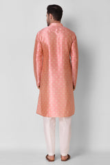 Men's Peach Printed Silk Kurta Pajama Set