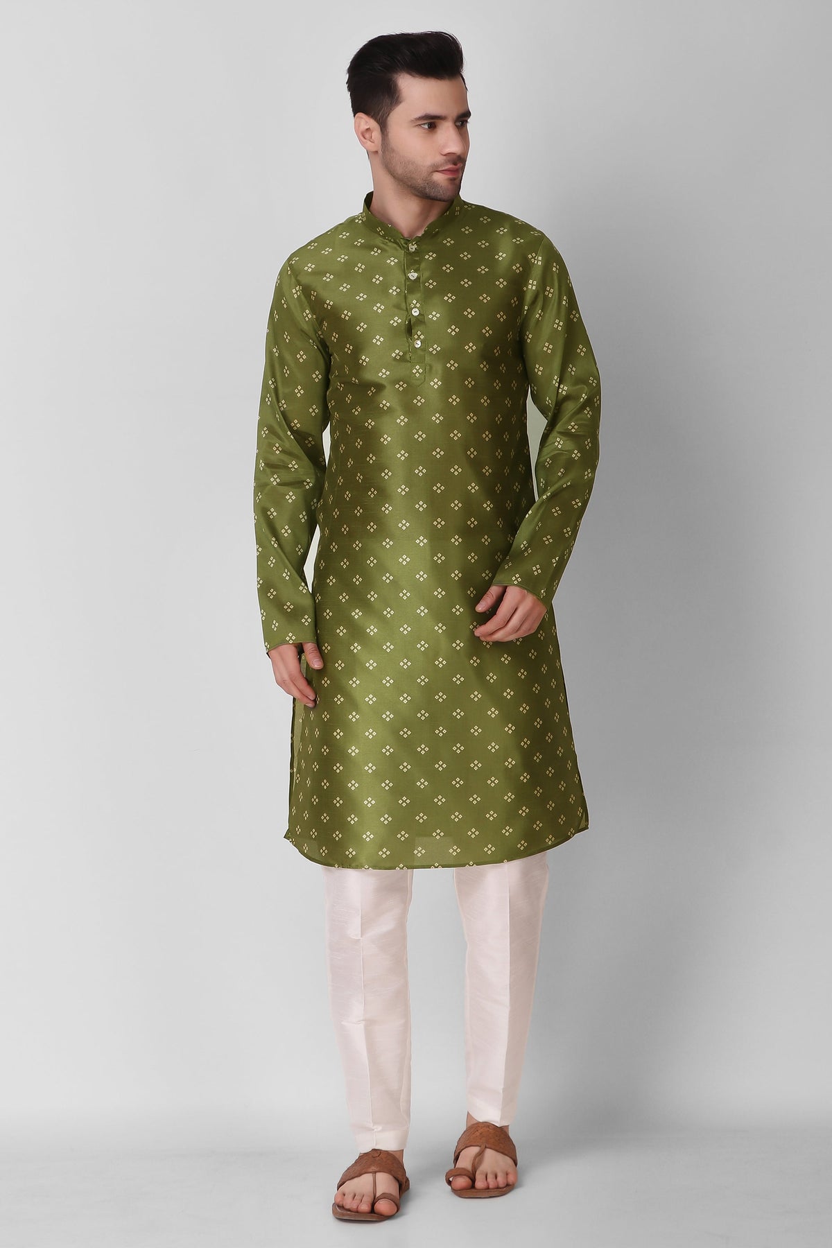 Men's Olive Green Printed Tunic Cotton Kurta Pajama Set