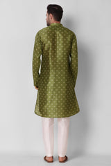 Men's Olive Green Printed Tunic Cotton Kurta Pajama Set