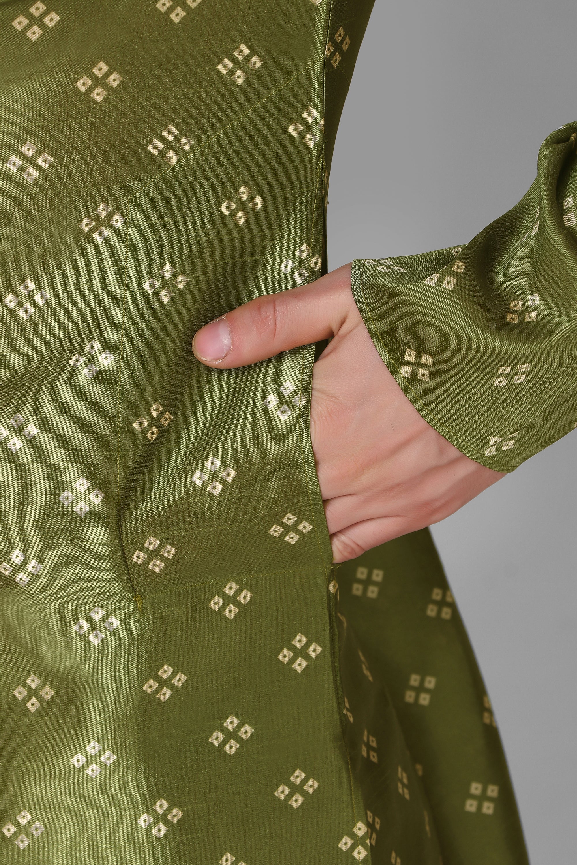 Men's Olive Green Printed Tunic Cotton Kurta Pajama Set