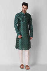 Men's Teal Printed Tunic Cotton Kurta Pajama Set