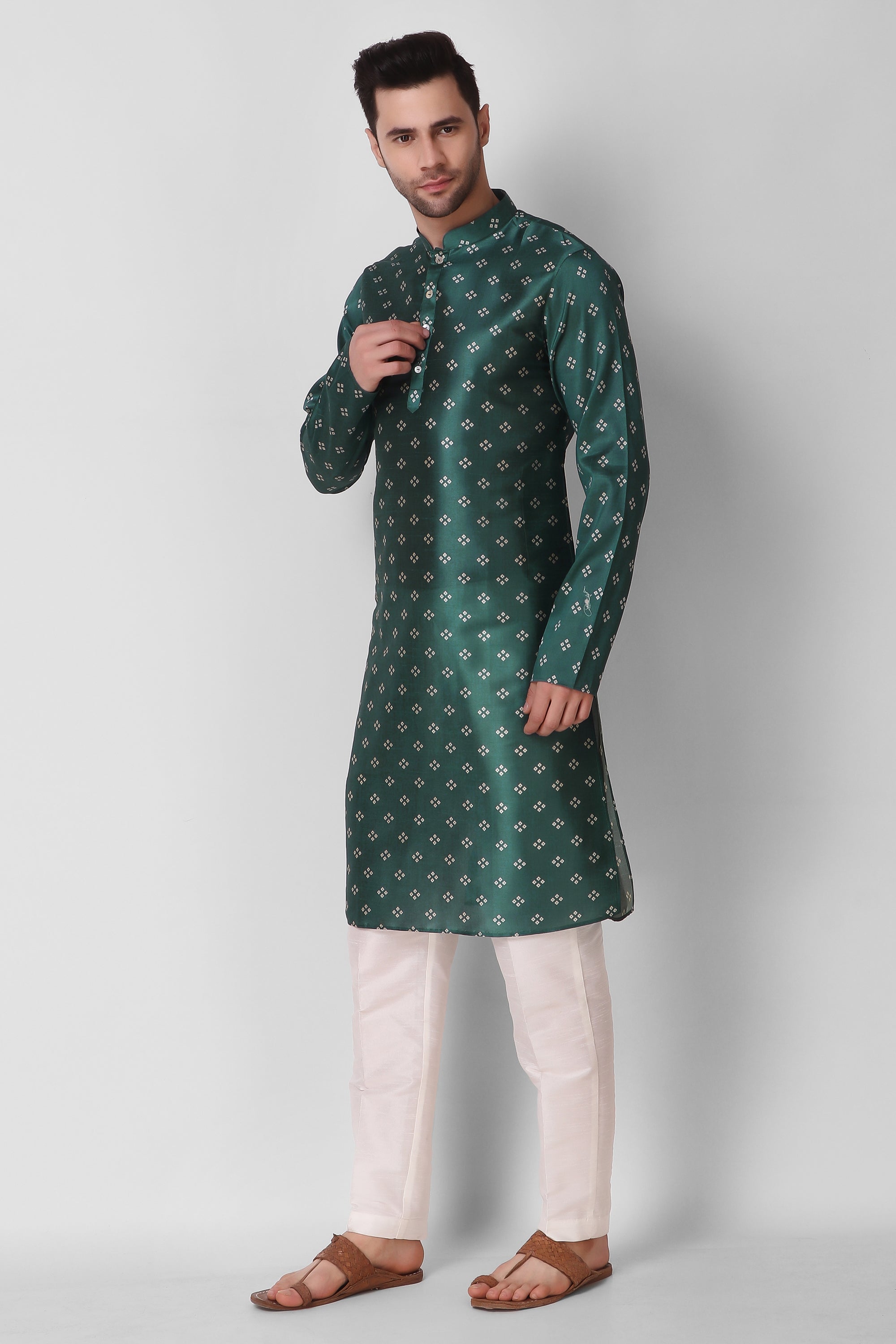 Men's Teal Printed Tunic Cotton Kurta Pajama Set