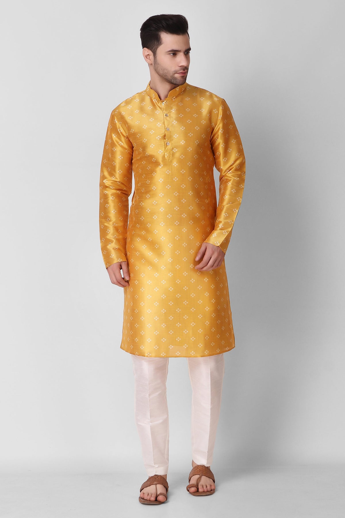 Ensemble pyjama Kurta en coton imprimé jaune pour homme