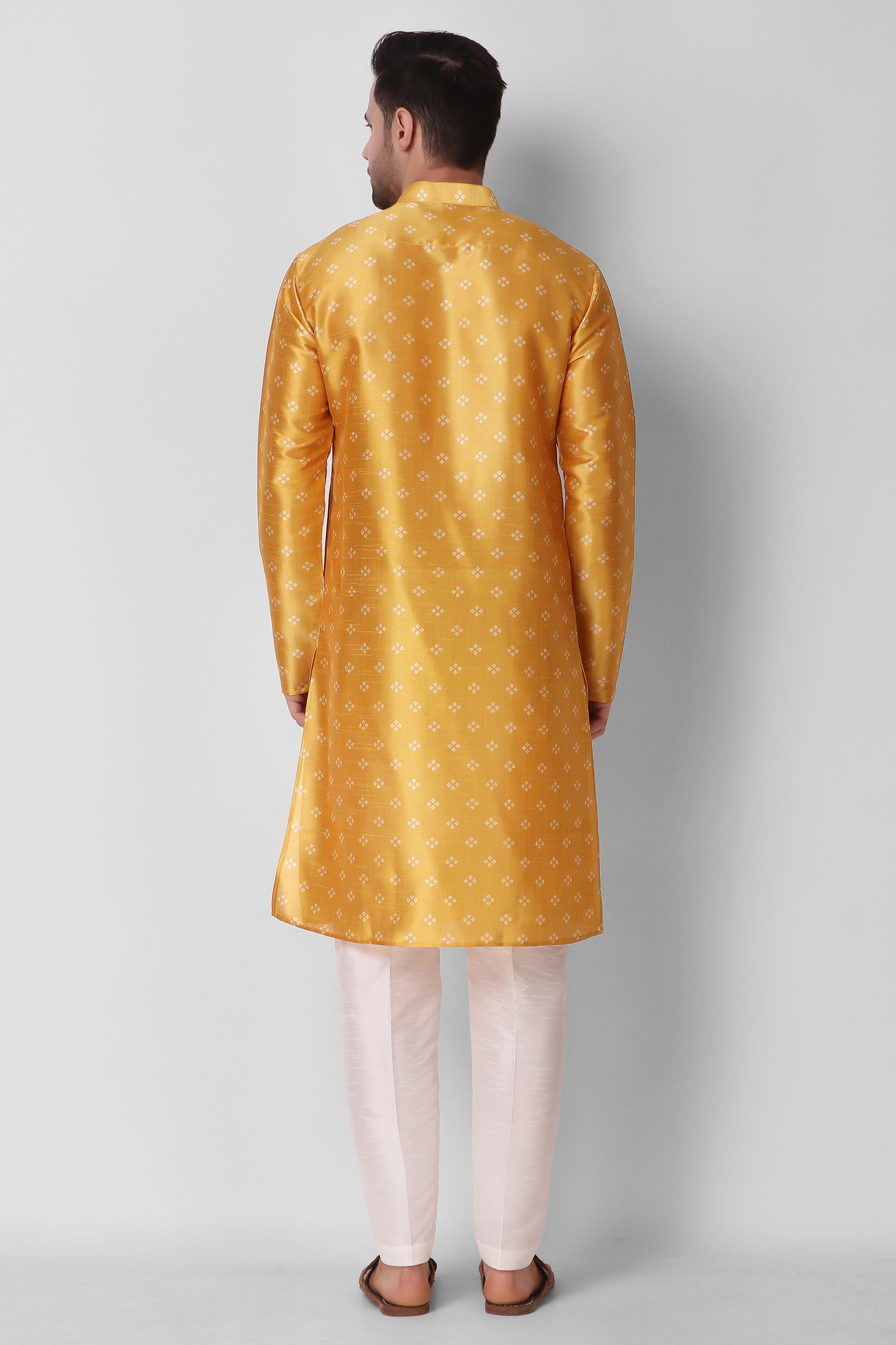 Men's Yellow Printed Tunic Cotton Kurta Pajama Set