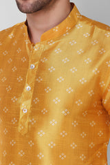 Men's Yellow Printed Tunic Cotton Kurta Pajama Set