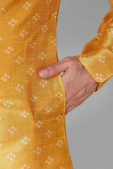 Men's Yellow Printed Tunic Cotton Kurta Pajama Set