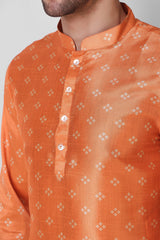 Men's Orange Printed Tunic Cotton Kurta Pajama Set