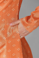 Men's Orange Printed Tunic Cotton Kurta Pajama Set