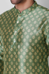 Men's Olive Green Printed Tunic Cotton Kurta Pajama Set