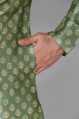 Men's Olive Green Printed Tunic Cotton Kurta Pajama Set