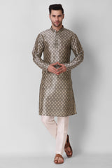 Men's Gray Printed Tunic Cotton Kurta Pajama Set