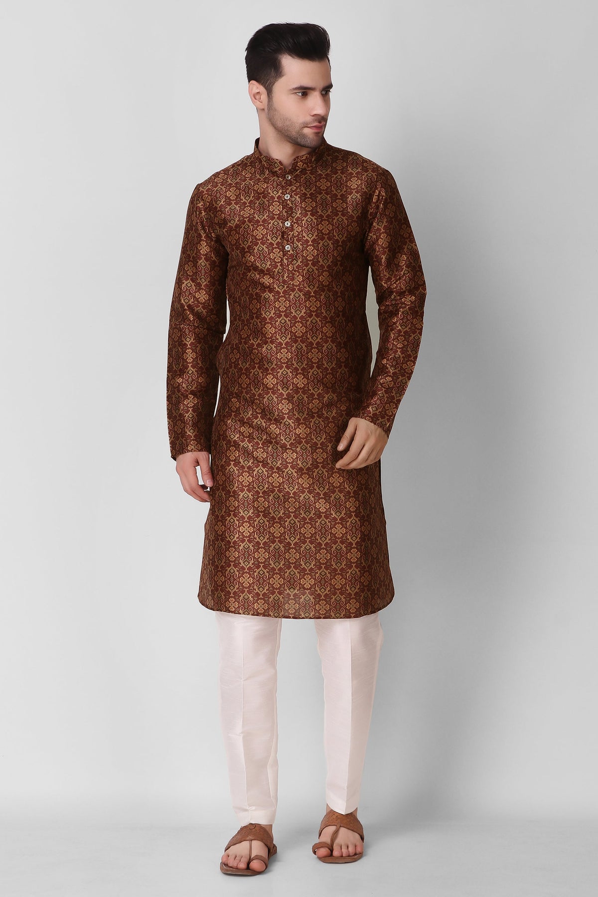 Men's Maroon Printed Cotton Kurta Pajama Set