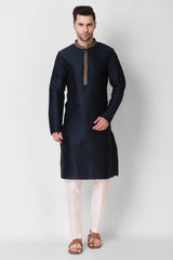 Men's Navy Blue Art Silk Embroidered Kurta Pajama Set