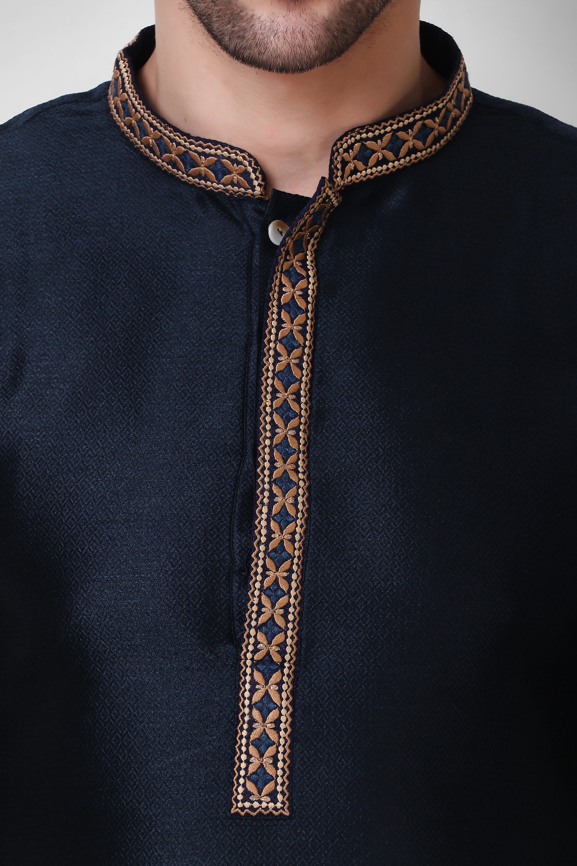 Men's Navy Blue Art Silk Embroidered Kurta Pajama Set